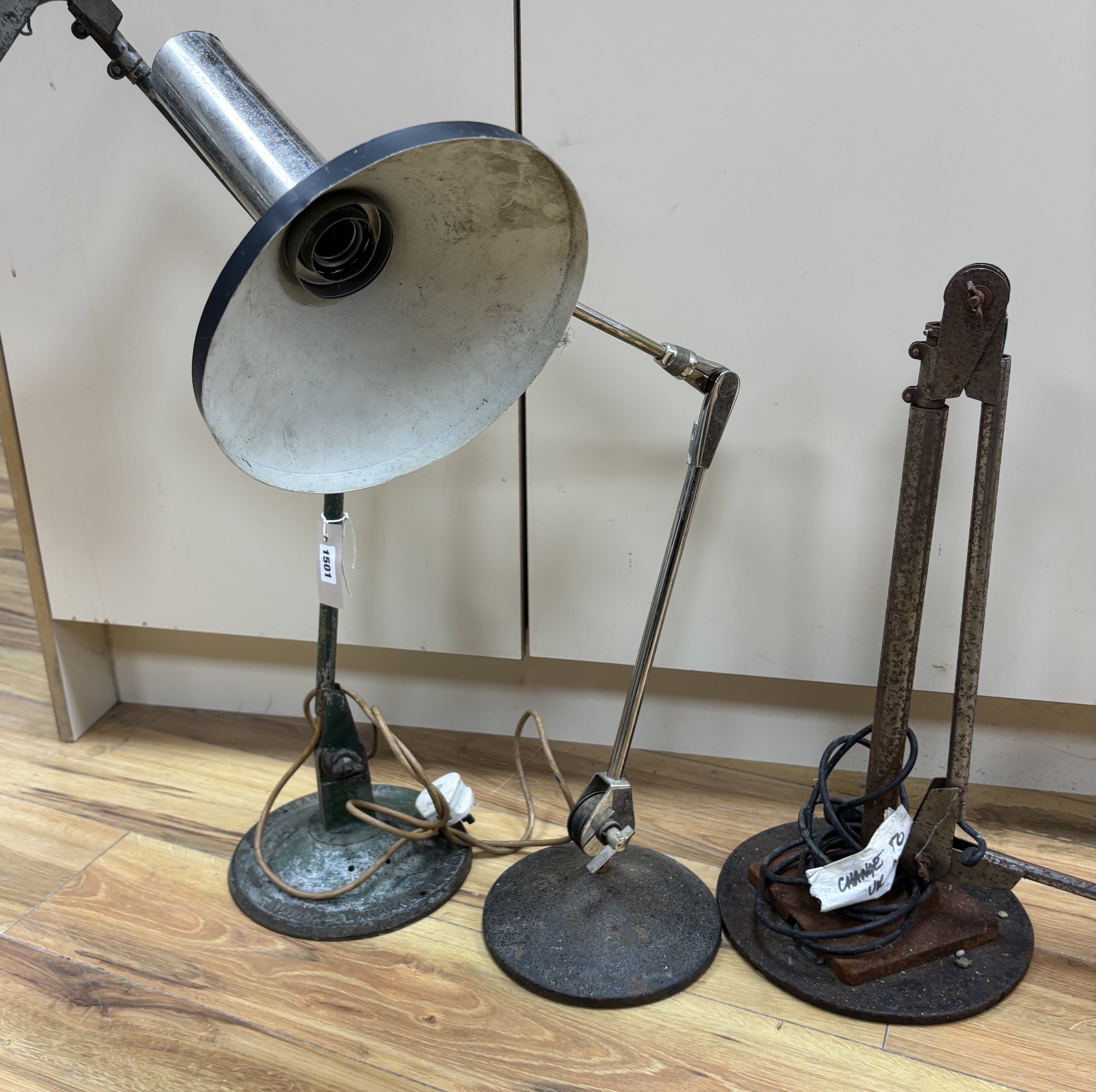 An FEW Autax Langham Handy Lamp, and two other mid-century adjustable lamps, tallest 103cm high